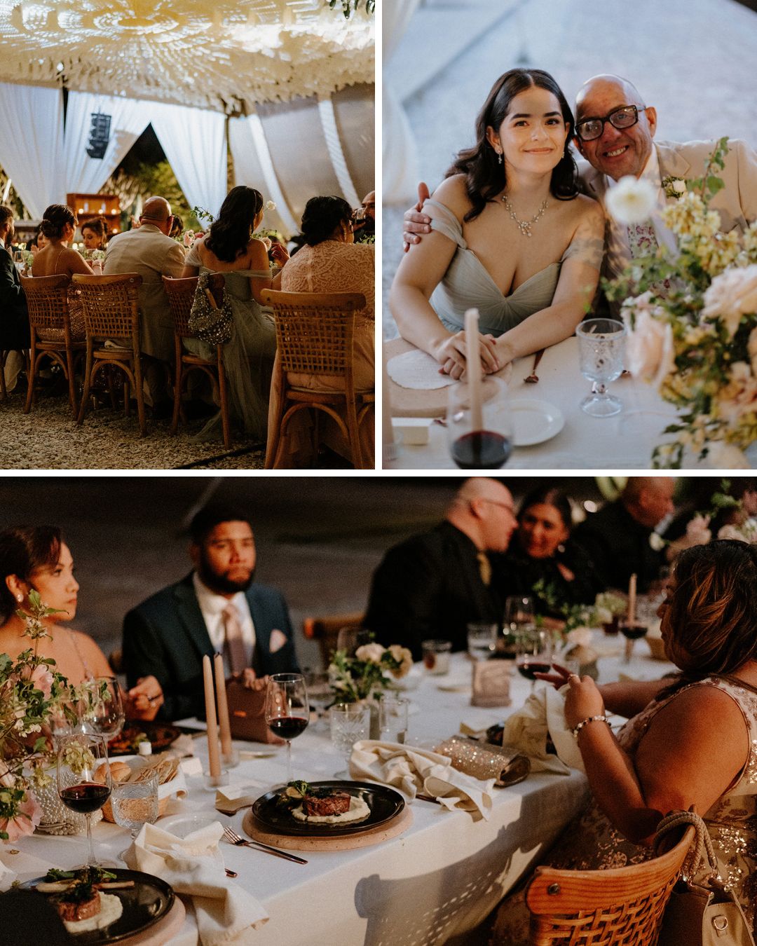 Guests sit at decorated tables eating and socializing at an outdoor wedding reception under a tent, with soft lighting and floral centerpieces.