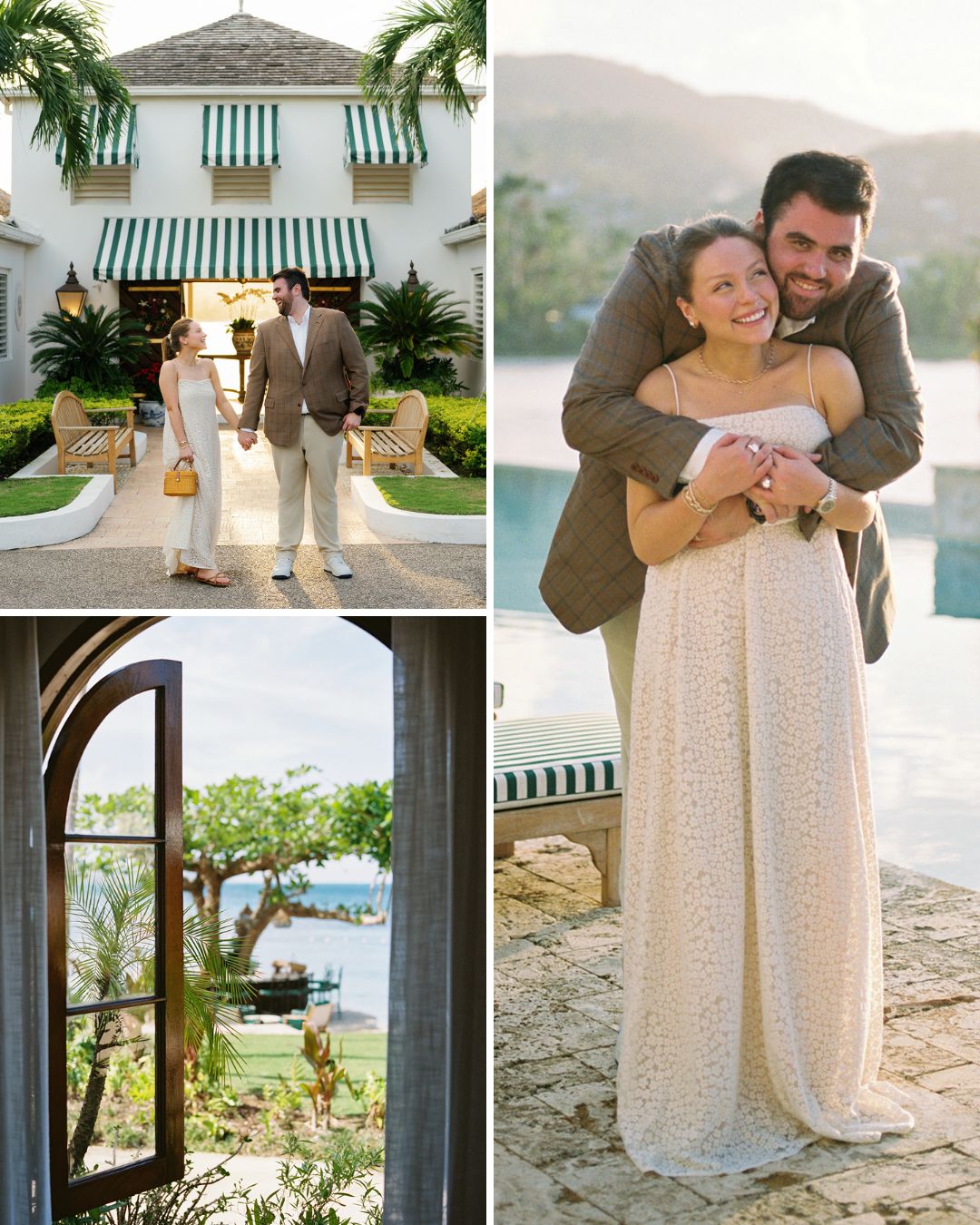 A couple stands outside a building, holds hands, and embraces near a waterfront. Another image shows an open door framing a view of trees and water.