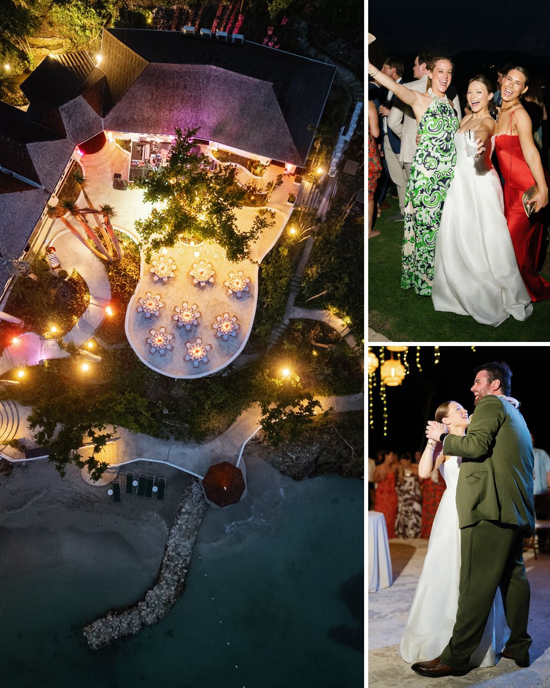 Aerial view of an outdoor wedding venue with lights, and two photos showing guests dancing and celebrating at the event.