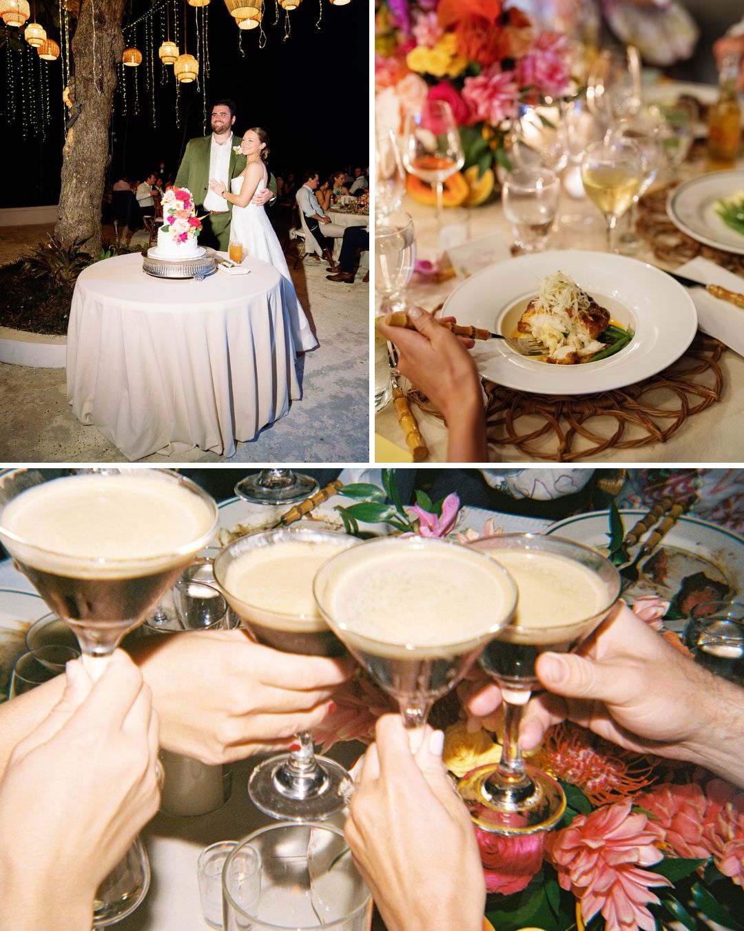 Collage of three images: a couple stands by a wedding cake, a plated meal is served at a decorated table, and several hands toast with espresso martinis.
