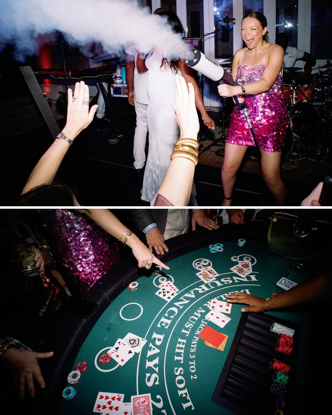 A woman in a pink sequin outfit sprays fog at a party; below, people play blackjack at a casino table.