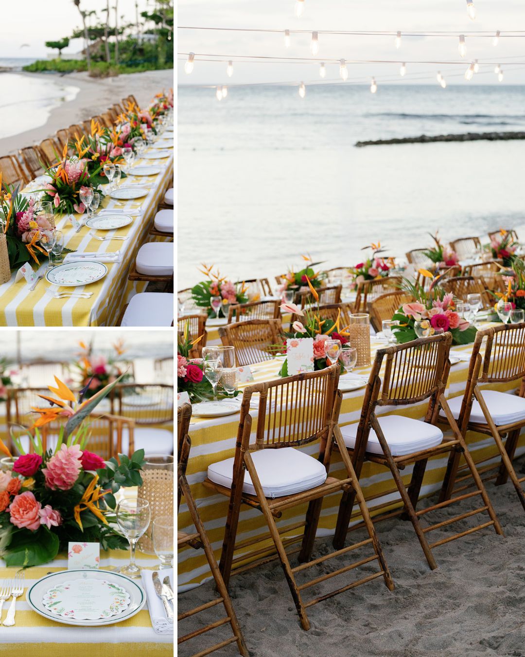 Long beachfront table with yellow striped tablecloth, floral centerpieces, bamboo chairs, and string lights overhead, set for an outdoor event by the ocean.