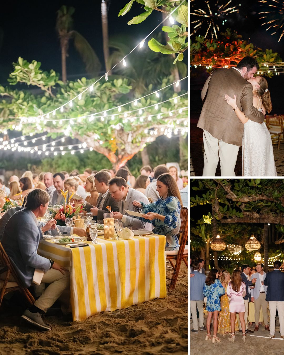 Outdoor evening wedding with guests dining under string lights, a couple dancing, fireworks in the sky, and people watching festivities.