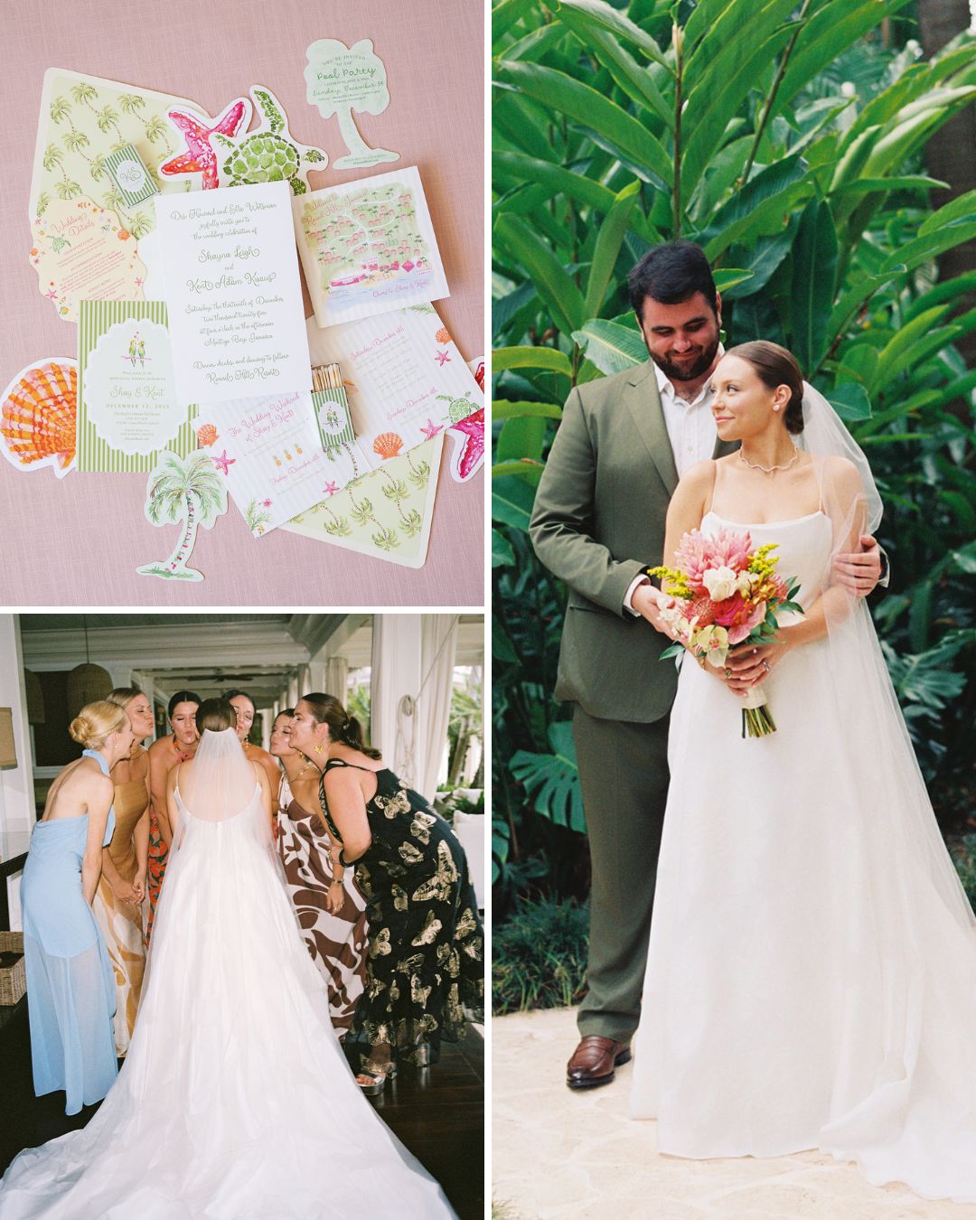 A wedding collage: invitations with tropical motifs, a bride and groom embracing outdoors, and the bride laughing with bridesmaids indoors.
