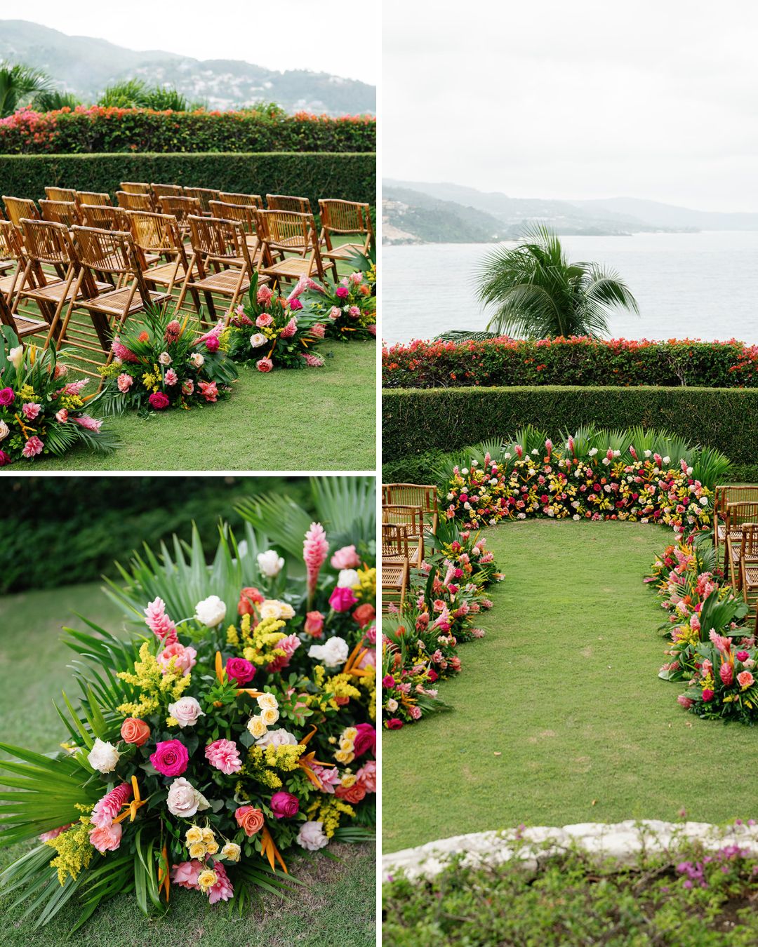 Outdoor wedding setup with wooden chairs, curved rows of vibrant flower arrangements on grass, and a scenic view of water and hills in the background.