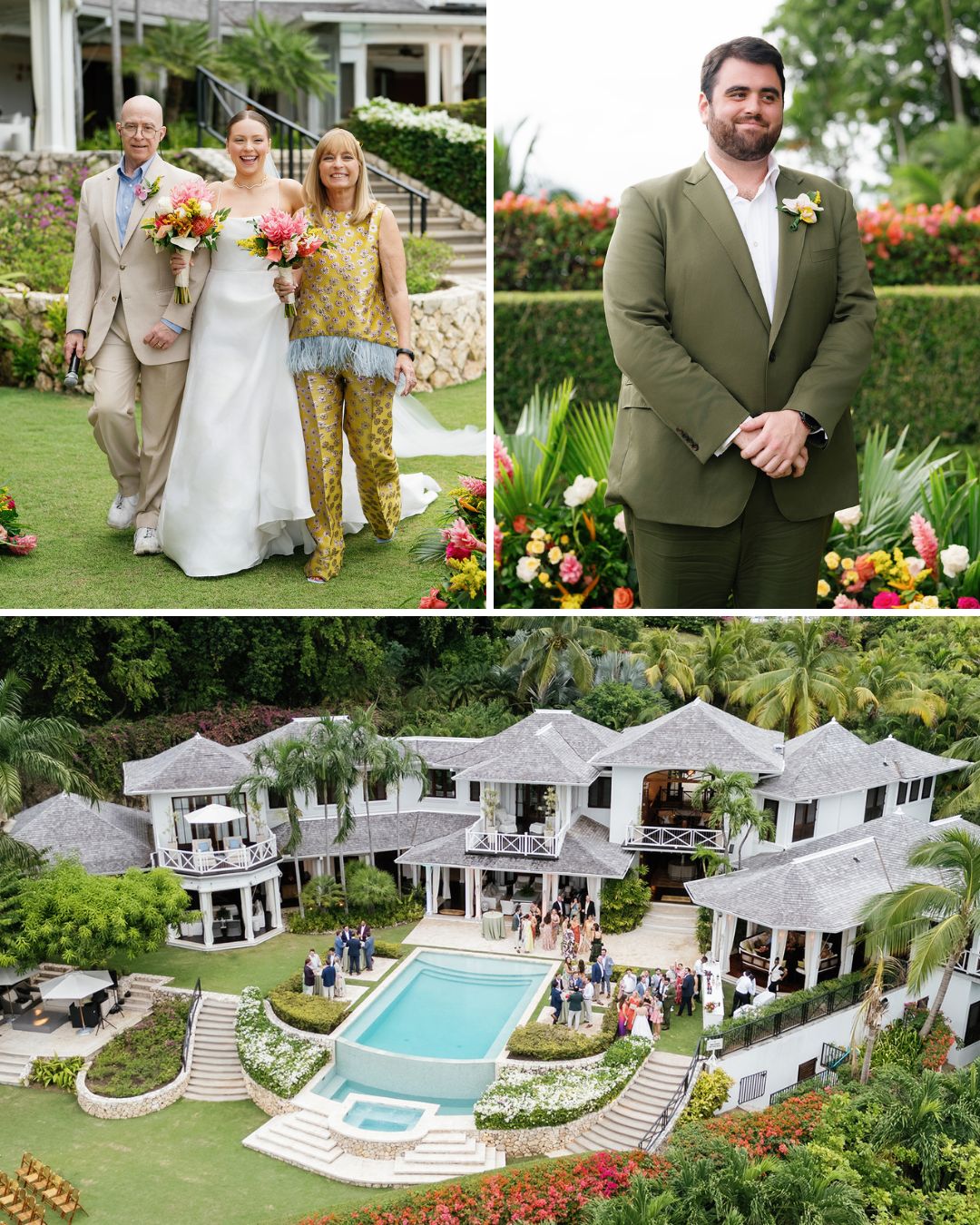 A bride walks with two people, a groom stands nearby, and guests gather at an outdoor wedding at a large, luxurious house with a pool in a lush, tropical setting.