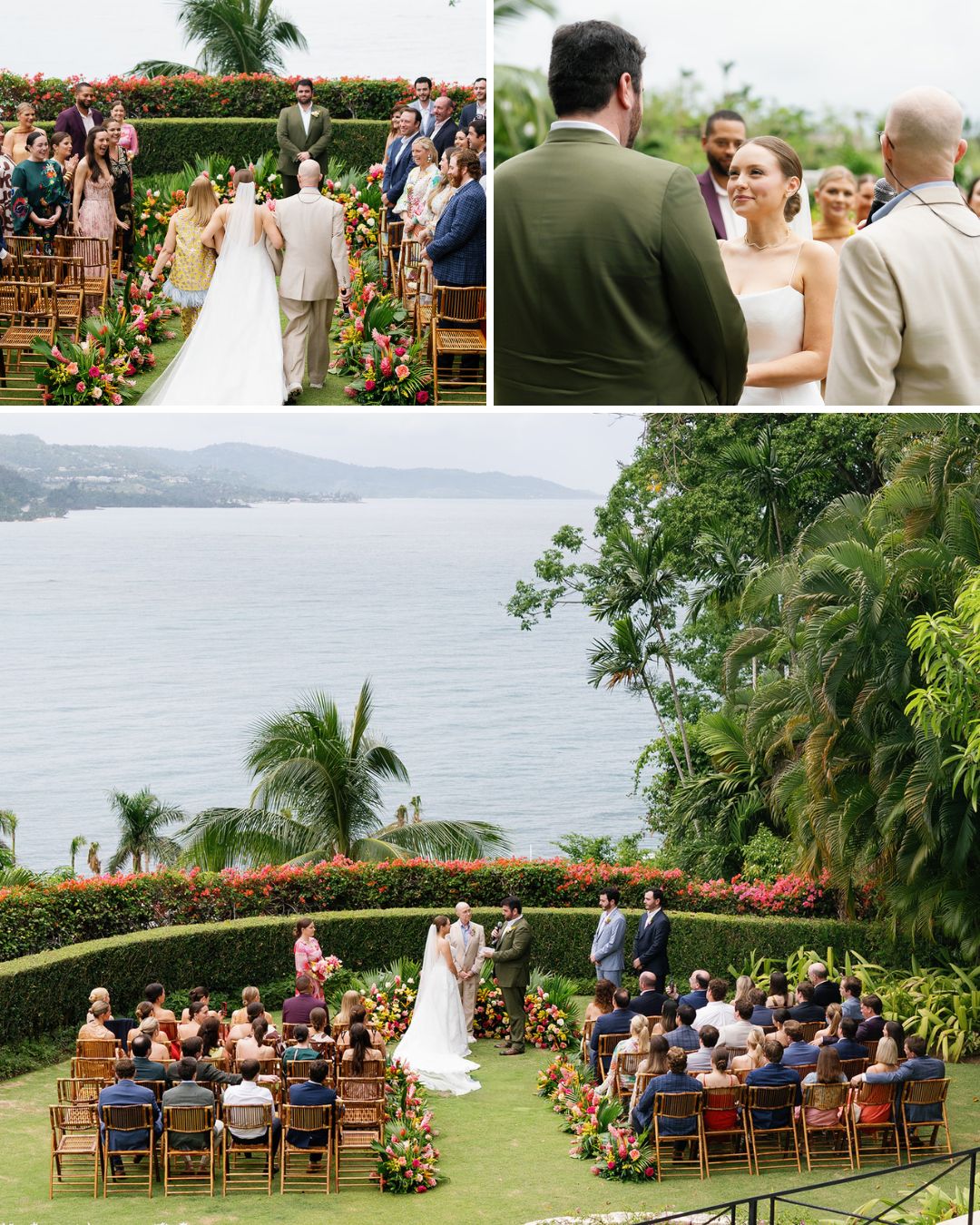 Outdoor wedding ceremony on a lawn overlooking the ocean, with guests seated in rows, floral decorations, and a couple standing before an officiant.