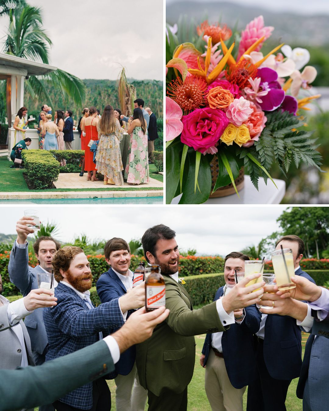 Collage showing guests mingling by a pool, a vibrant floral arrangement, and a group of men in suits raising drinks in a toast outdoors.