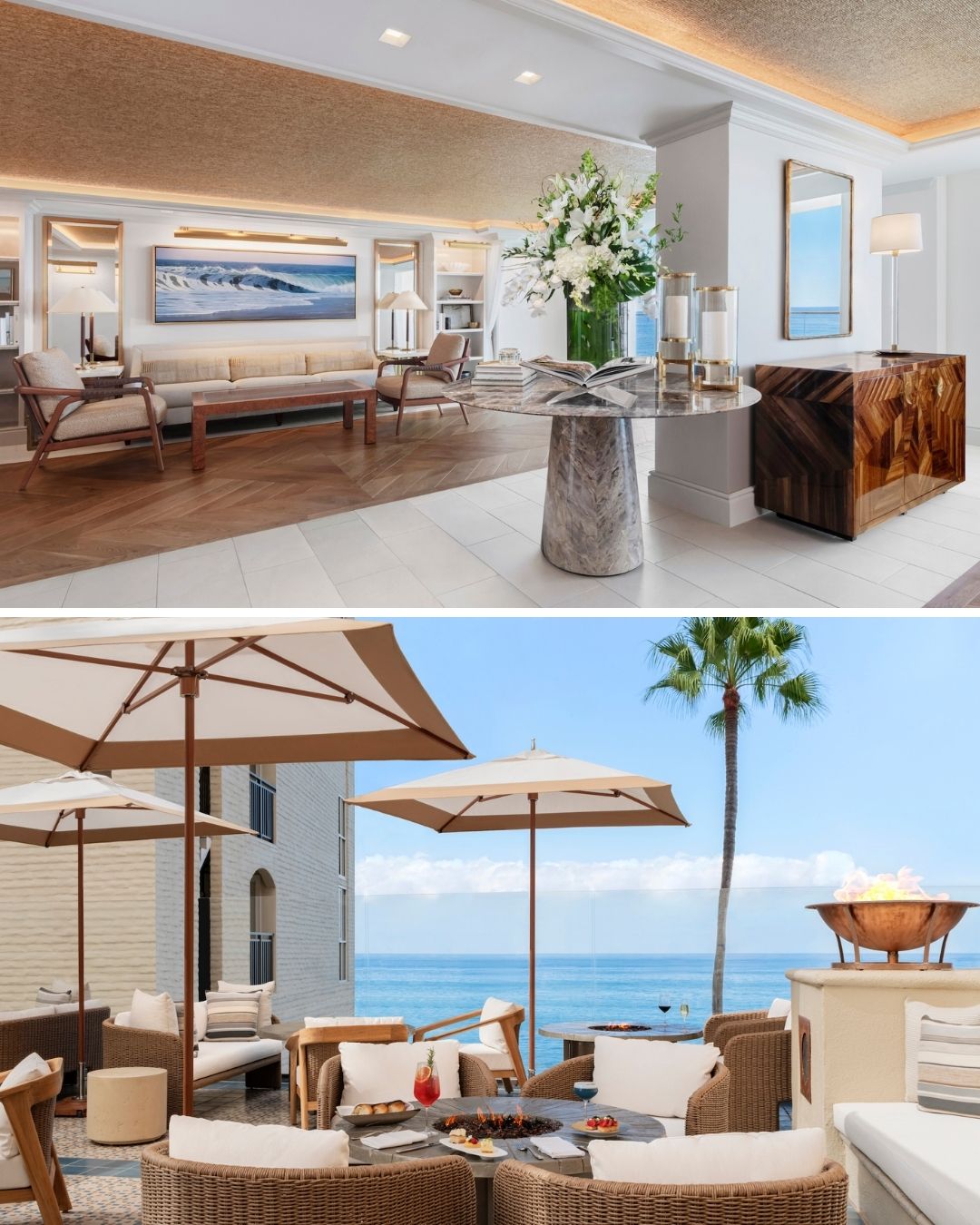 A hotel lobby with modern decor and floral arrangement, above an outdoor patio with wicker seating, umbrellas, and an ocean view.