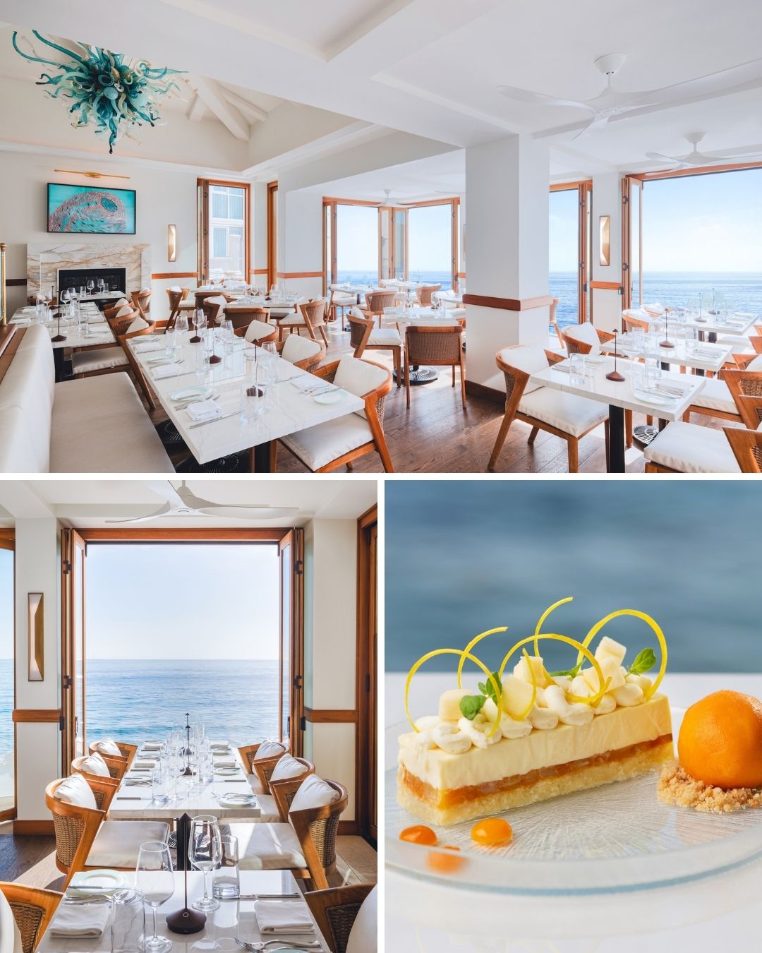 Bright, elegant seaside restaurant interior with ocean views, white tables and chairs; close-up of a plated dessert with citrus garnish in the foreground.