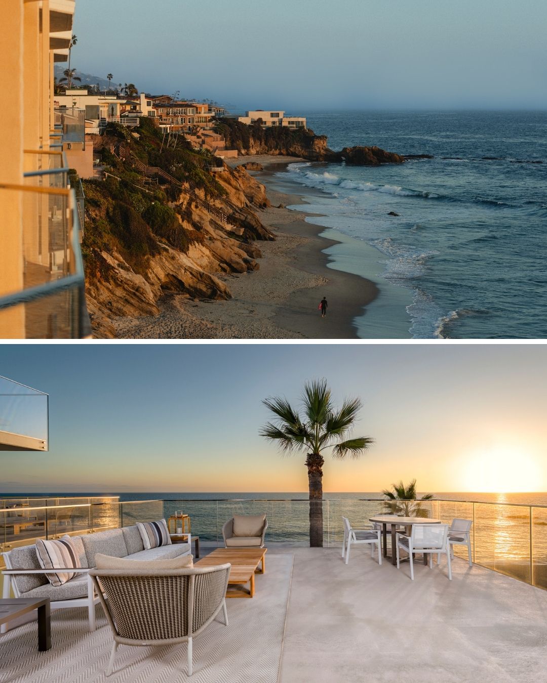 Top: Ocean view from a cliffside building with beach below. Bottom: Outdoor terrace with seating, palm tree, and ocean view at sunset.