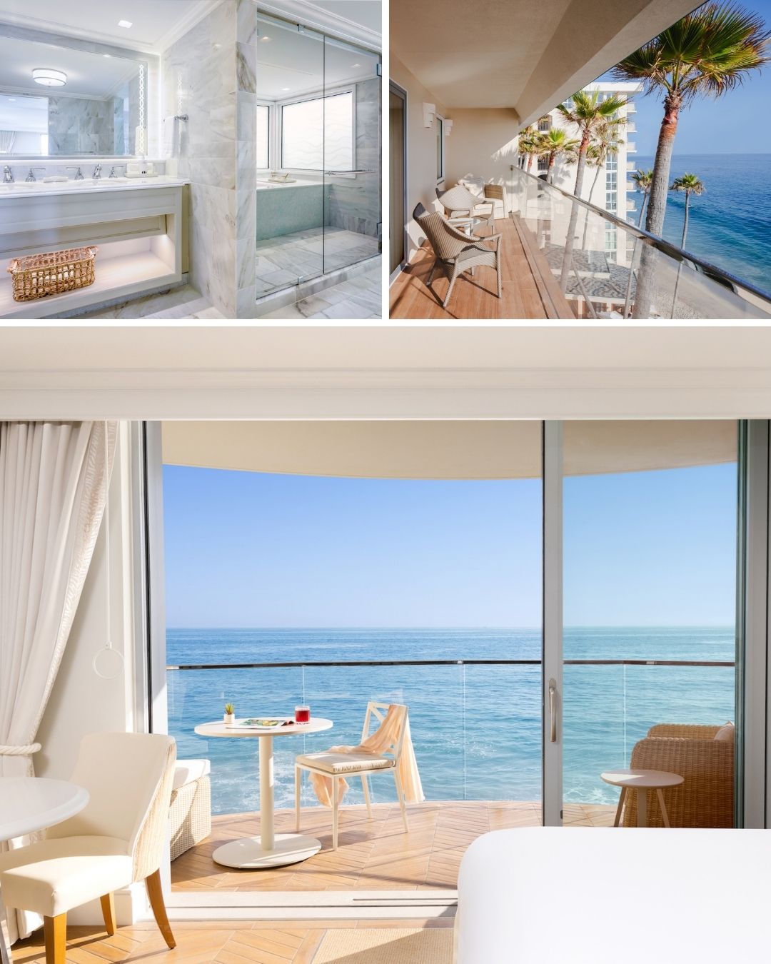 Hotel room with ocean view balcony, small dining table, white chairs, glass doors, modern bathroom, and outdoor seating overlooking the sea and palm trees.