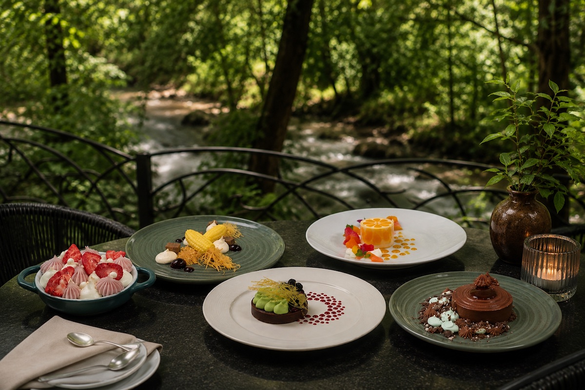 Five plated desserts are displayed on an outdoor table set near a wooded area with a stream in the background.