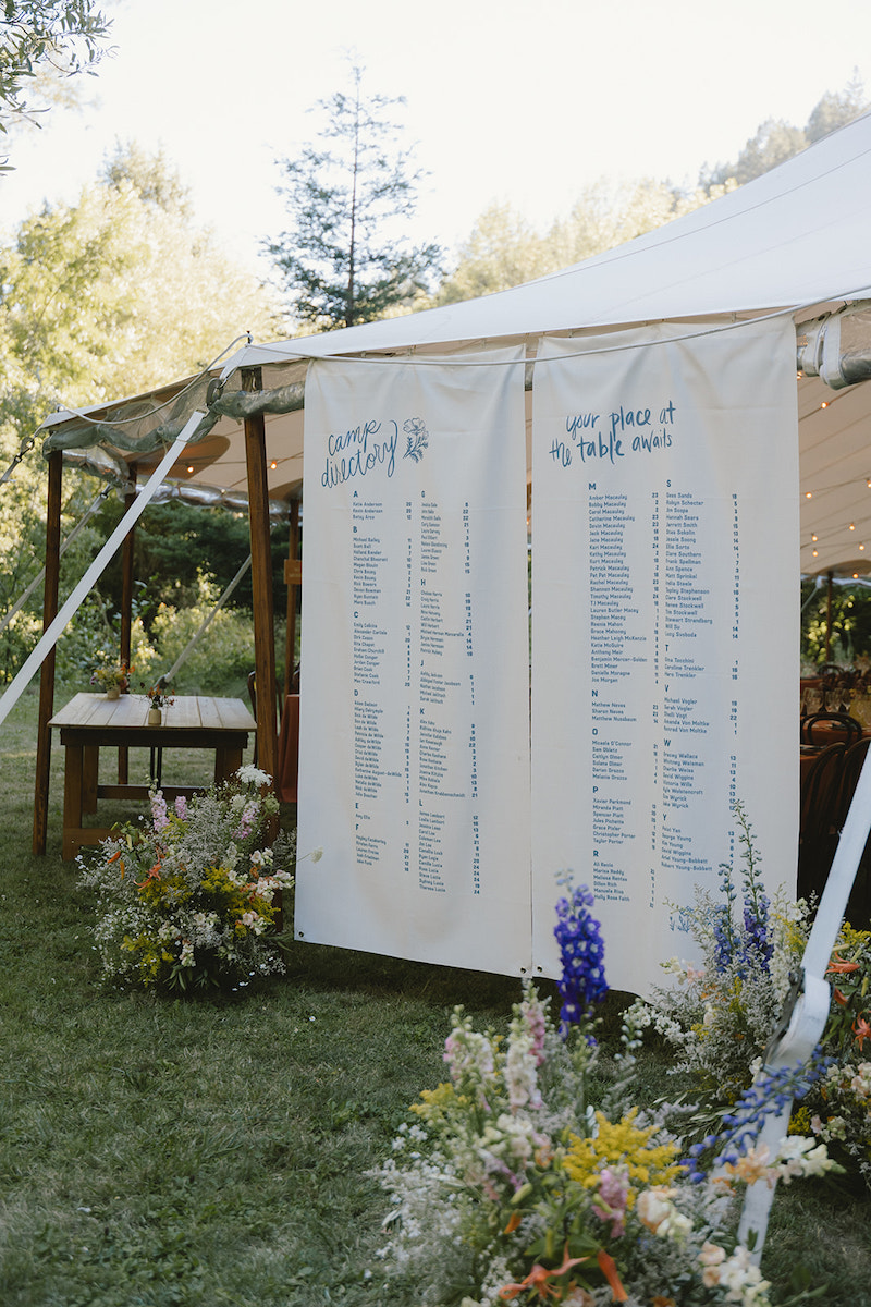 Large fabric signs with blue text listing wedding seating arrangements are displayed outside a tent, surrounded by flowers and greenery.