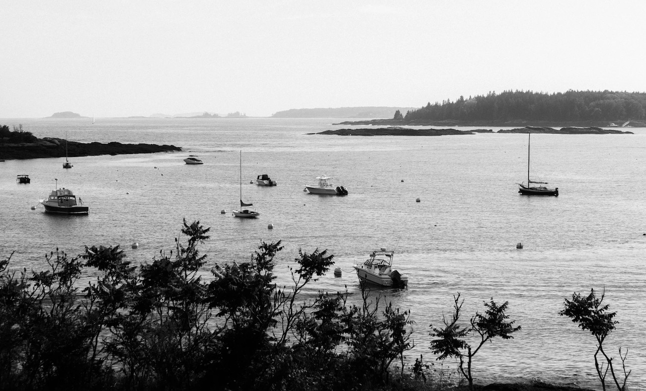 Several boats are anchored in a calm bay, with small islands and trees visible in the background. Bushes are in the foreground. The image is in black and white.