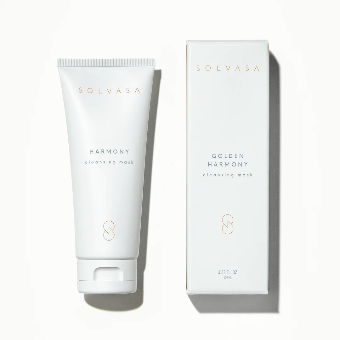 A tube of Solvasa Harmony cleansing mask next to its matching product box.
