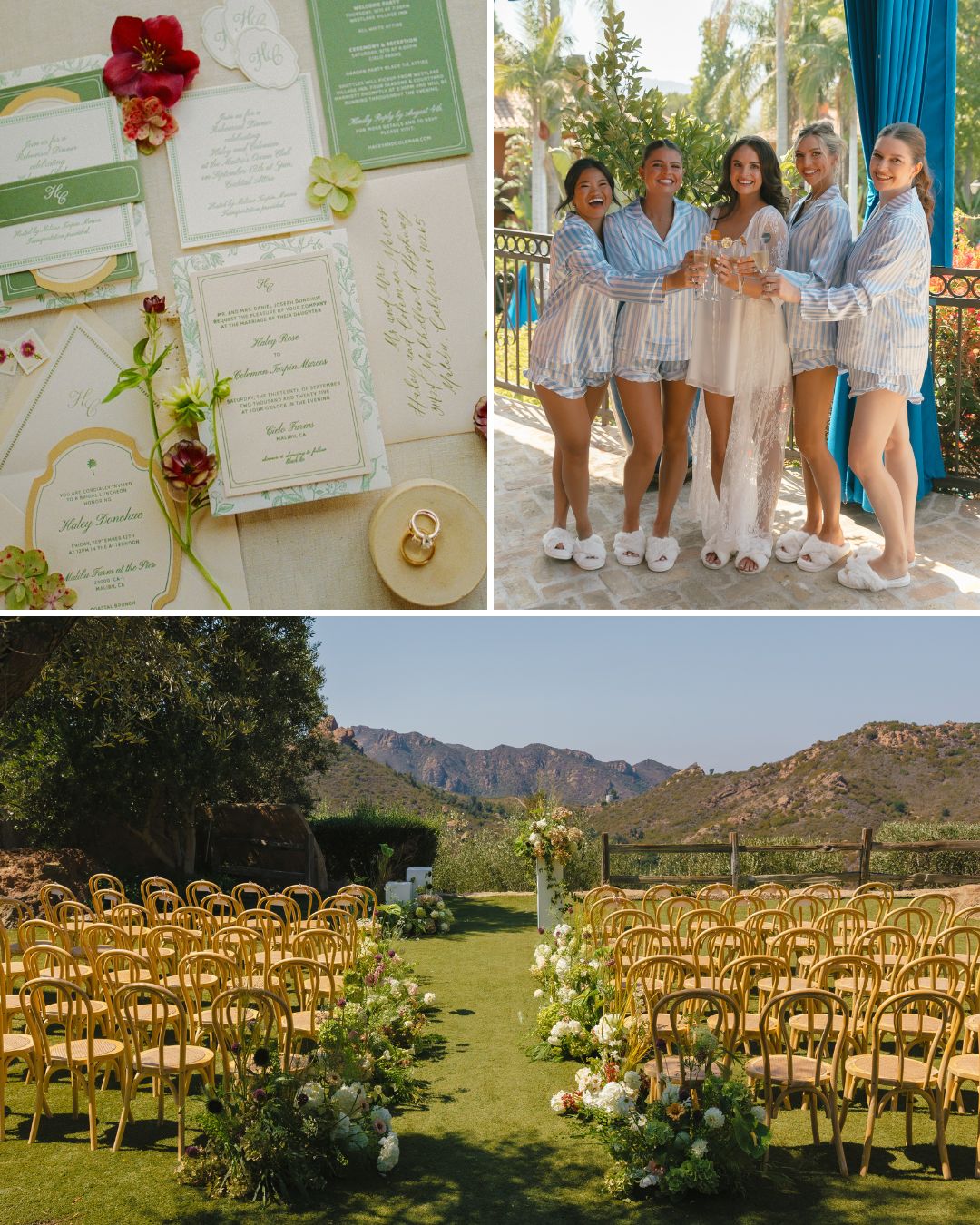 A collage showing wedding stationery, five women in matching pajamas holding drinks, and an outdoor ceremony space with rows of gold chairs facing a mountain view.