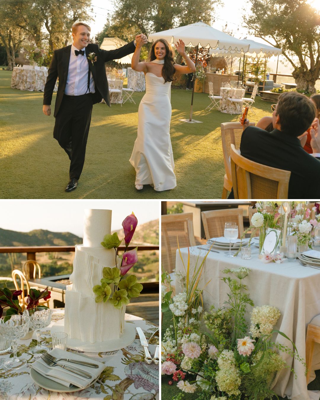 A wedding collage featuring the couple walking on a lawn, a three-tiered white cake with flowers, and a decorated reception table with floral arrangements.