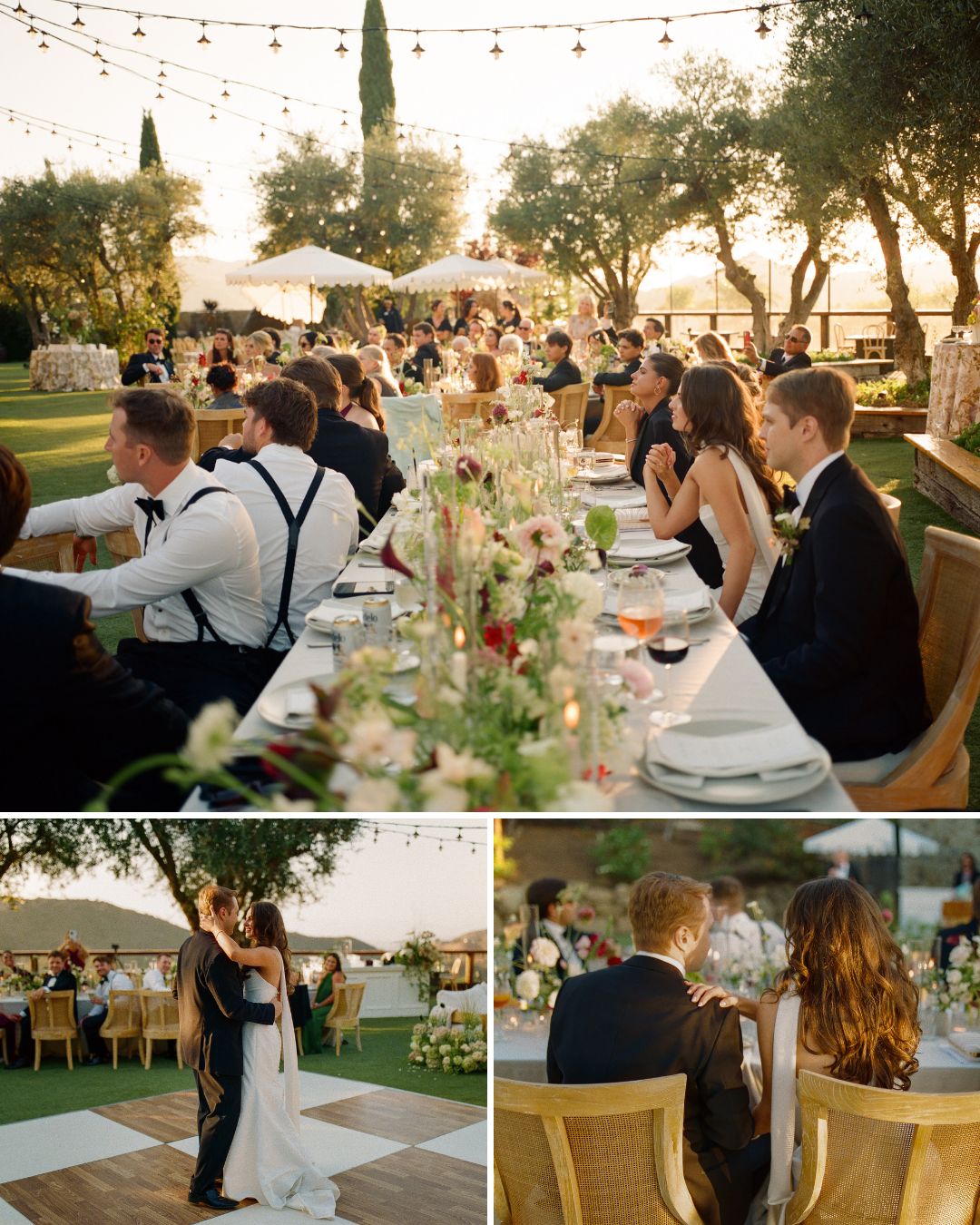Collage of a wedding reception featuring an outdoor dinner at a long table and a couple dancing on a wooden floor.