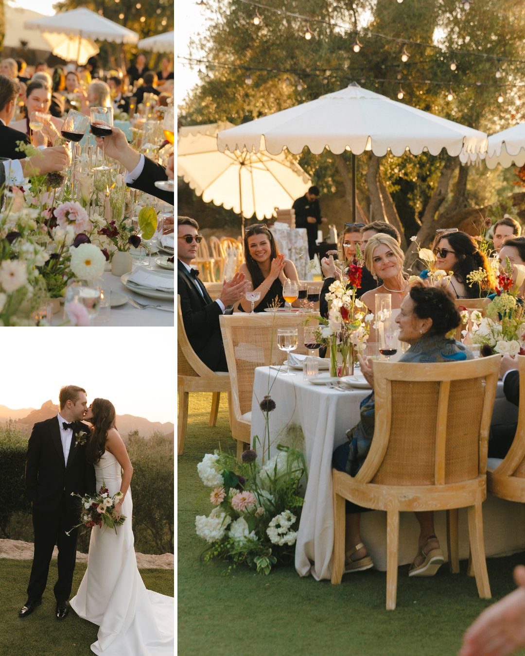 A collage showing a bride and groom posing outdoors and guests seated at dinner tables under white umbrellas.