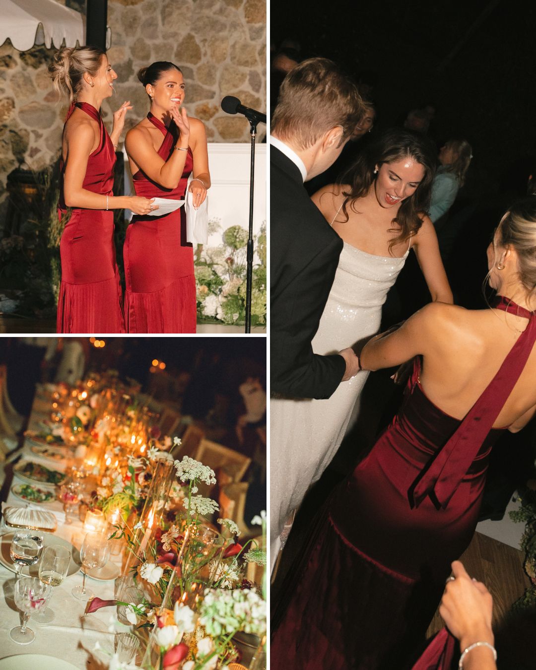 A collage of wedding photos showing two bridesmaids giving a speech, a decorated dining table with candles, and guests dancing at a reception.