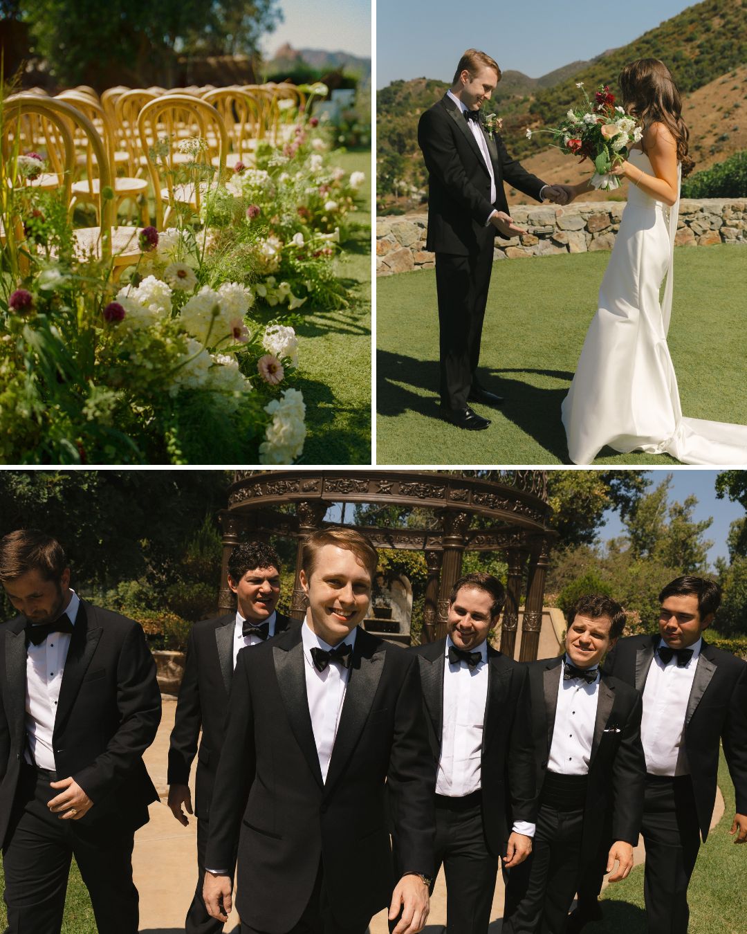 Collage of a wedding ceremony setup, a bride and groom during a first look, and a group of groomsmen walking together.