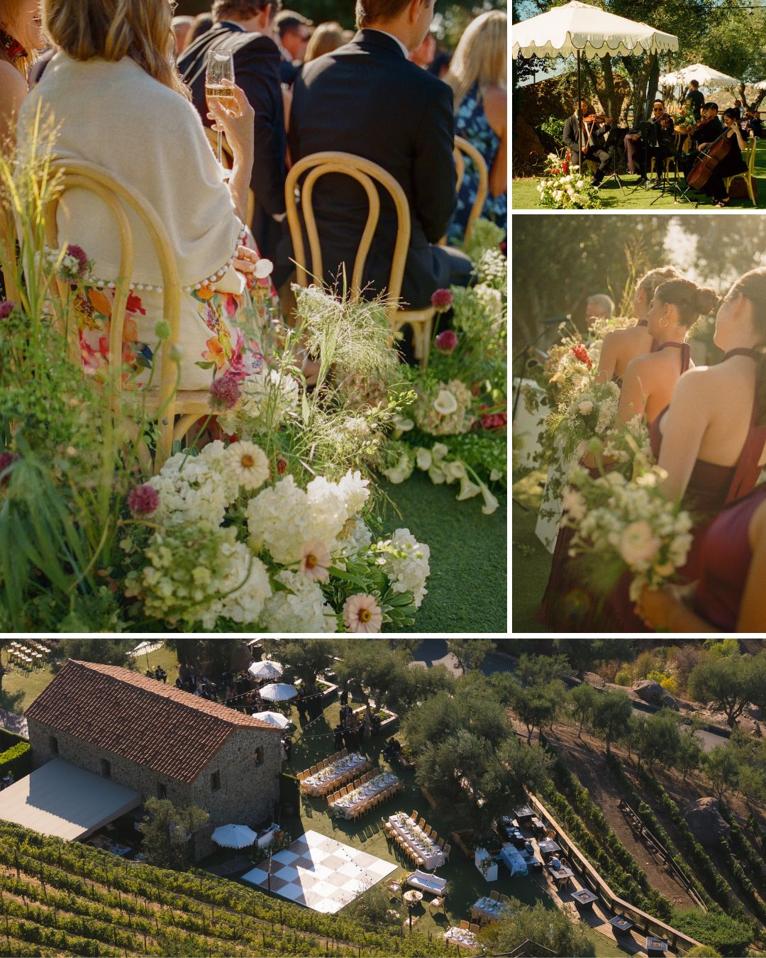 Collage showing wedding guests seated at an outdoor ceremony and an aerial view of a vineyard estate.
