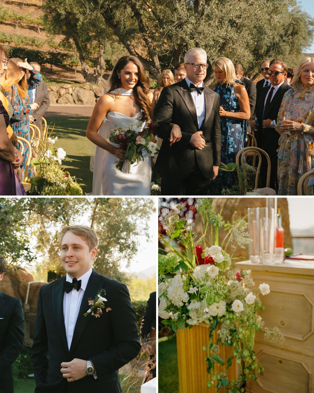 A three-part image showing a bride walking down the aisle, a groom in a tuxedo, and a floral arrangement on a wooden table.