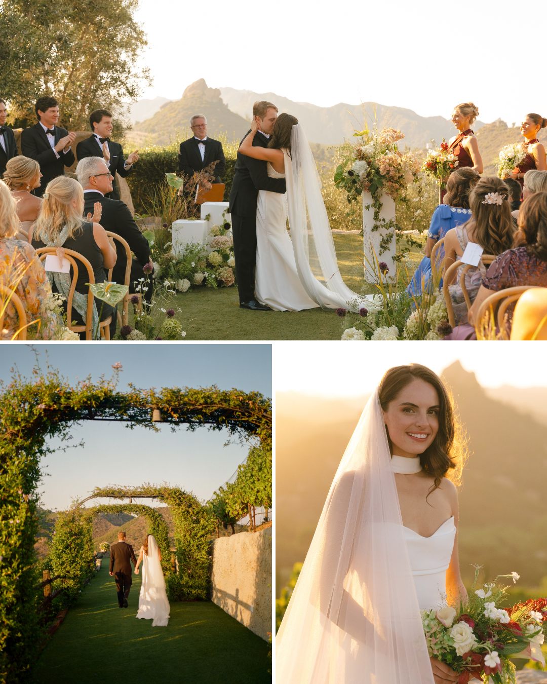 A collage of wedding photos showing a couple kissing at the altar, a couple walking under a flower-covered archway, and a portrait of a bride holding a bouquet.
