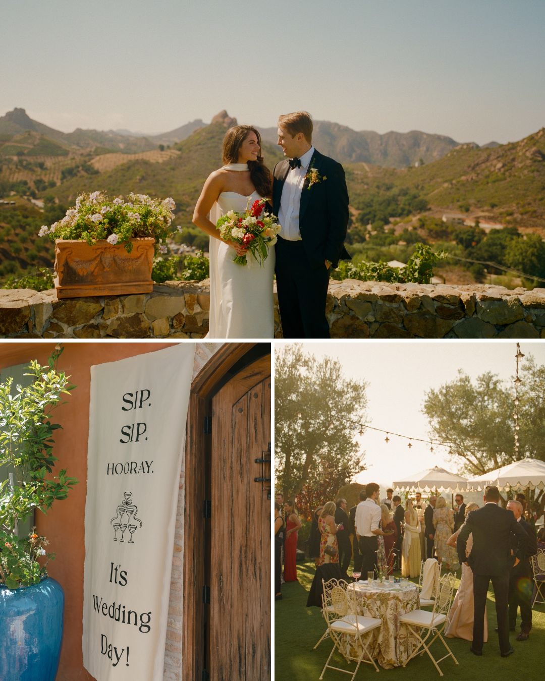 A collage showing a bride and groom standing before a mountain range, a wedding sign by a doorway, and guests gathered at an outdoor reception.