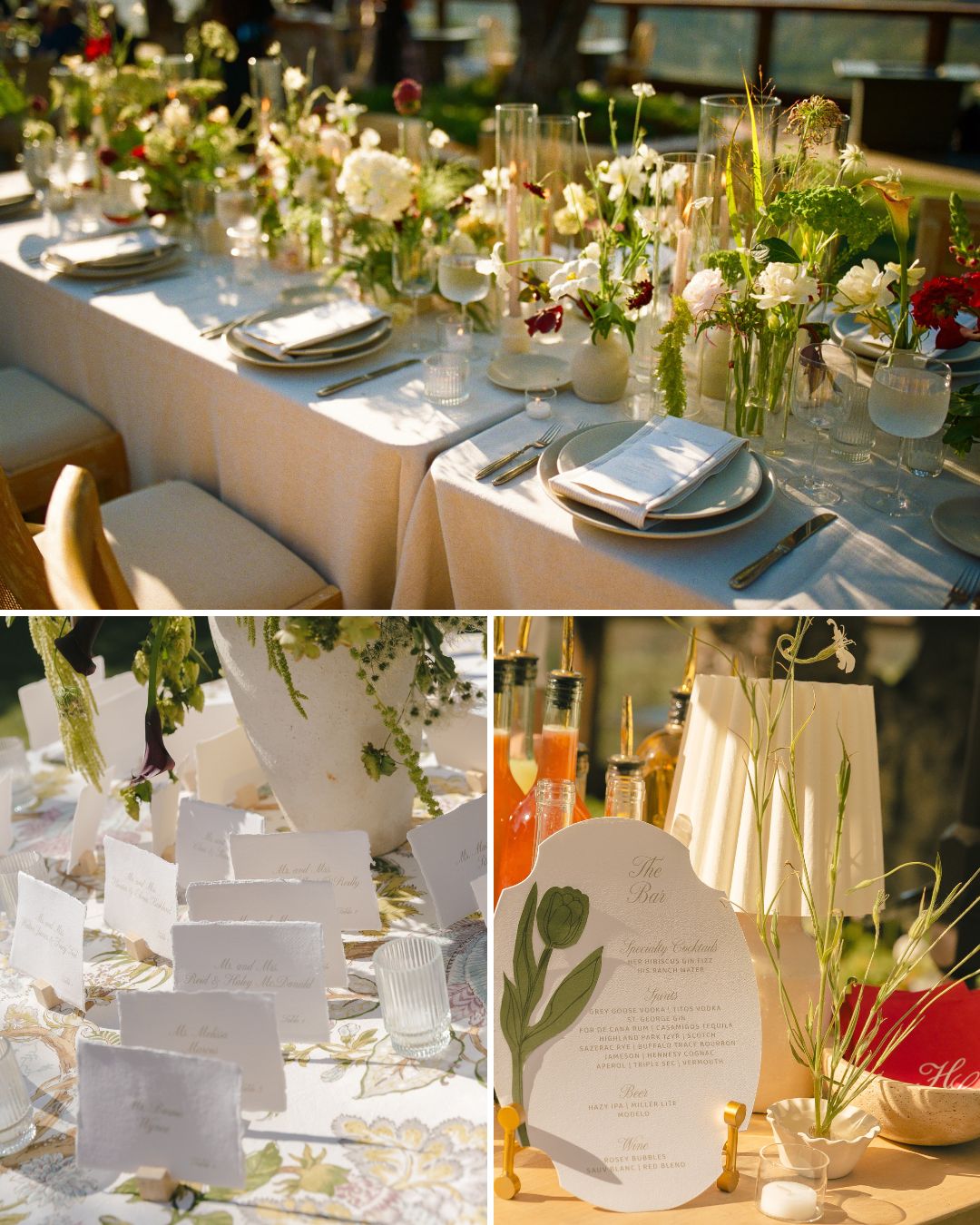 A collage showing an outdoor wedding table setting, place cards, and a printed menu card with a green tulip illustration.