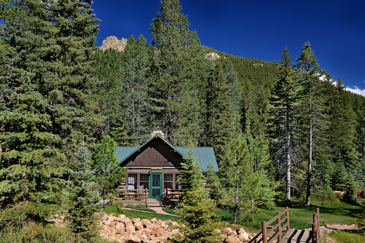 A cabin with a green roof nestled in a dense pine forest with a wooden bridge in the foreground.