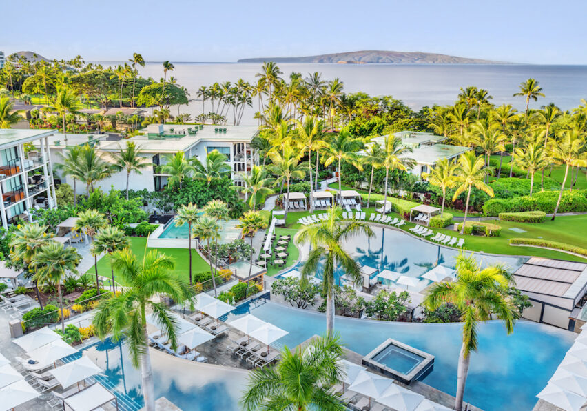 aerial view of Andaz Maui at Wailea Resort pool terraces with island in the distance