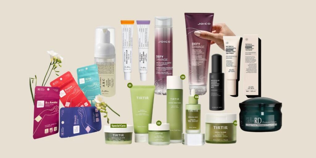 A variety of skincare and haircare products, including creams, serums, masks, and shampoos from brands like JOICO and TIRTIR, arranged against a plain background.