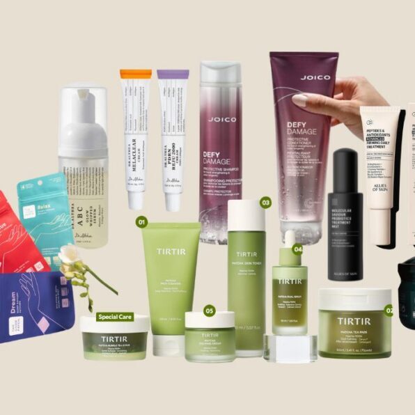 A variety of skincare and haircare products, including creams, serums, masks, and shampoos from brands like JOICO and TIRTIR, arranged against a plain background.