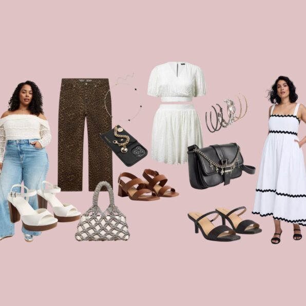 Two women model spring outfits, surrounded by accessories including handbags, sandals, jewelry, and a pair of leopard-print pants, all set against a light pink background.