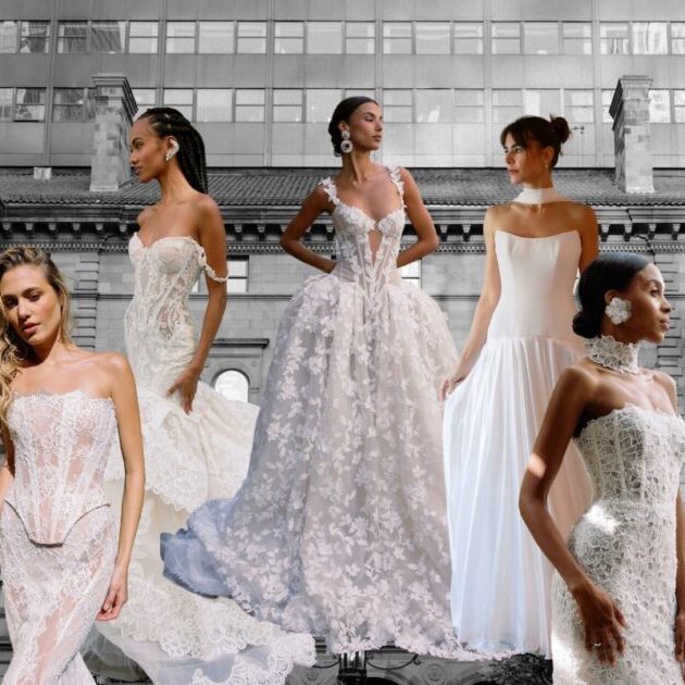 Five models in various bridal gowns stand in front of a historic building with large windows.