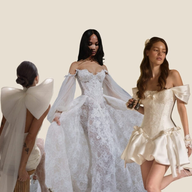 Three women wear different white dresses: one with a large bow on the back, one in a sheer lace gown with long sleeves, and one in a short off-shoulder satin dress.