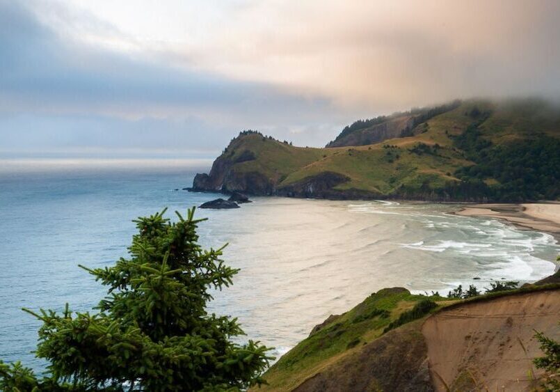 A coastal landscape with a sandy beach, ocean waves, rocky cliffs, and a misty hill under a cloudy sky.