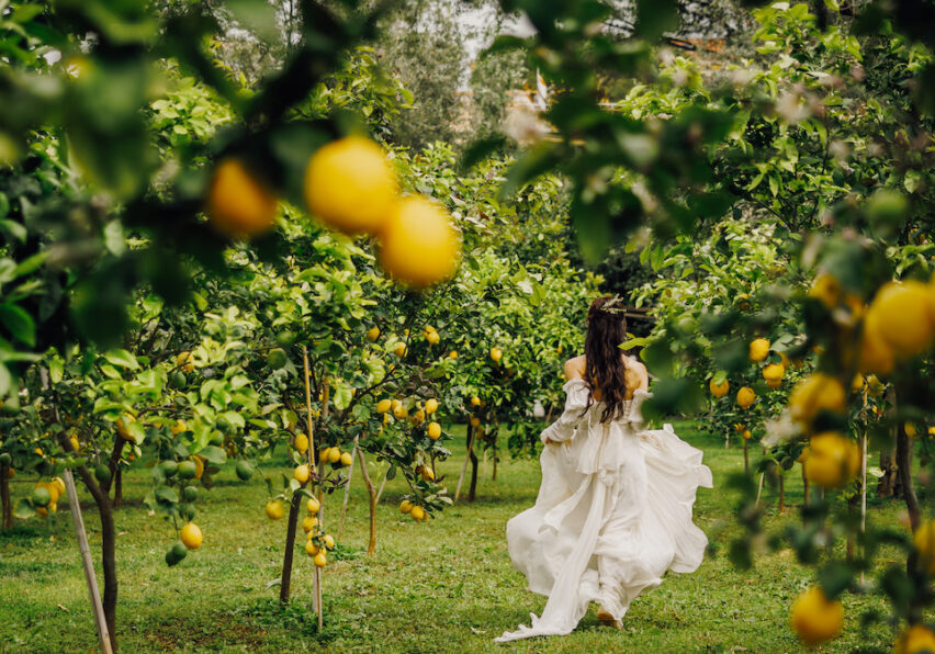 A person in a flowing white dress moves through a lemon orchard, surrounded by green foliage and yellow lemons.