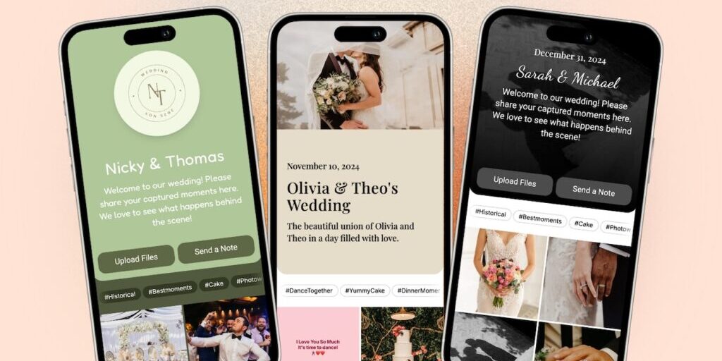 Three smartphone screens display digital wedding invitations and announcements with photos of couples, wedding dates, hashtags, and personalized messages.
