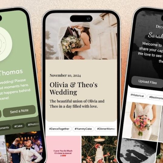 Three smartphone screens display digital wedding invitations and announcements with photos of couples, wedding dates, hashtags, and personalized messages.