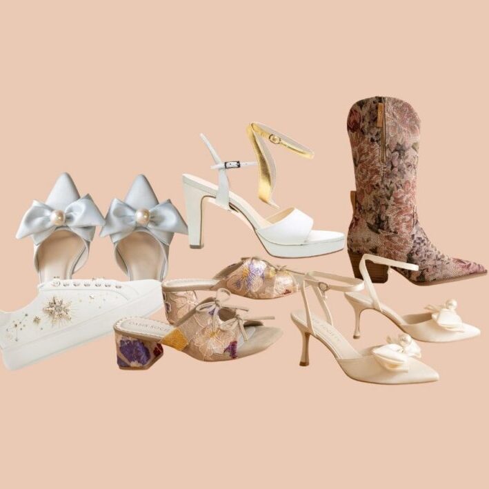 A collection of women's shoes, including white heels with bows, embellished sneakers, floral mules, strappy heels, and a patterned cowboy boot, displayed on a beige background.