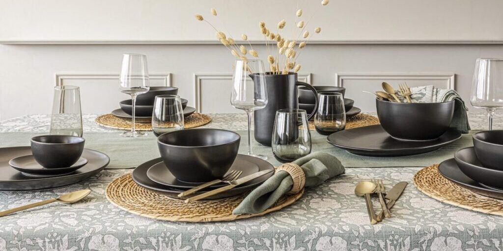 A dining table is set with black dinnerware, gold cutlery, and glasses on a patterned tablecloth. A black vase with dried flowers is in the center.