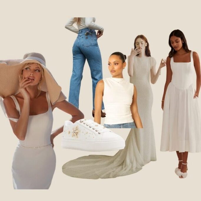 A collage of women in various white outfits including dresses, a top with jeans, a sunhat, and a pair of white sneakers with gold detailing, set against a beige background.