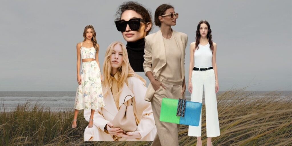 Several women display contemporary fashion styles, including floral dresses, neutral suits, a white jumpsuit, a black turtleneck with sunglasses, and a colorful clutch bag
